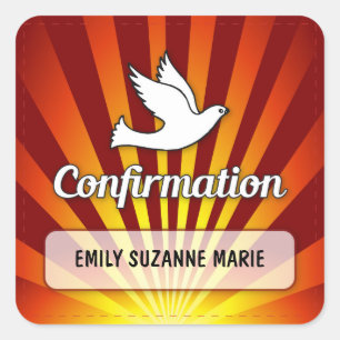 Sticker Carré Félicitations Dove de Confirmation avec Or, Rouge
