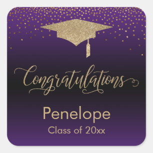 Sticker Carré Félicitations Gold Confetti Graduation Purple