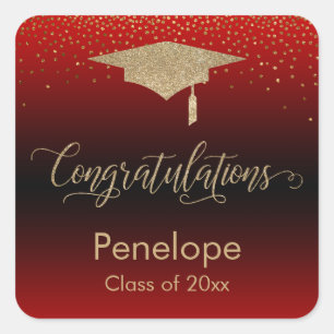 Sticker Carré Félicitations Gold Confetti Graduation Rouge