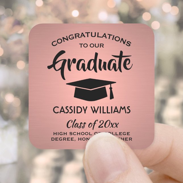 Sticker Carré Félicitations Pink Rose Gold & Black Graduation (Créateur téléchargé)