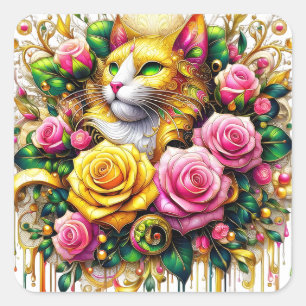Sticker Carré Feline au milieu d'une floraison vibrante