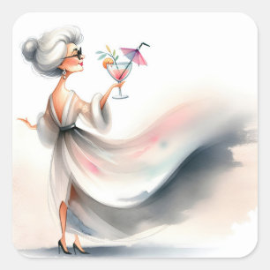 Sticker Carré Femme Âgée Classique Avec Boisson De Fête