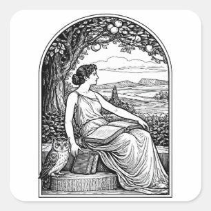 Sticker Carré Femme Art Nouveau lisant sous un arbre d'époque