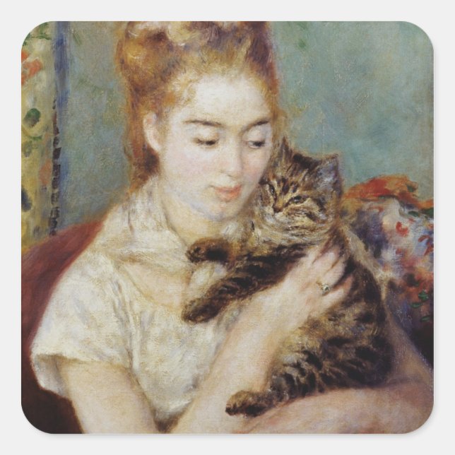 Sticker Carré Femme au chat de Pierre-Auguste Renoir (Devant)