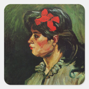 Sticker Carré Femme au ruban rouge Portrait par Vincent van Gogh
