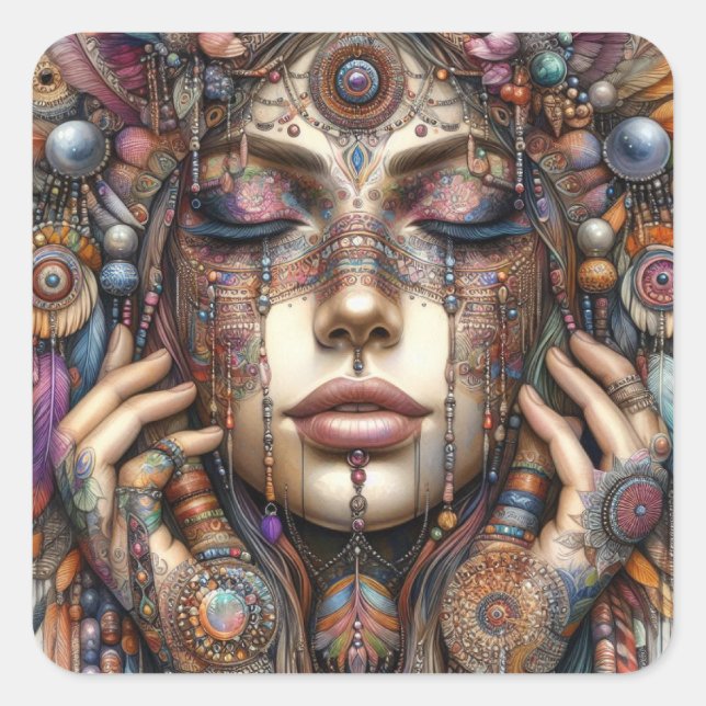 Sticker Carré Femme avec ornementation tribale élaborée (Devant)