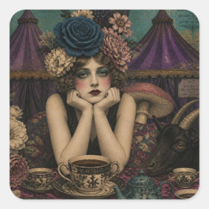 Sticker Carré Femme boit du thé au cirque avec une chèvre noire