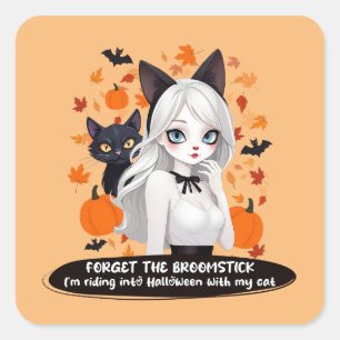 Sticker Carré Femme d'Anime avec chat noir.