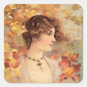 Sticker Carré Femme d'automne Art nouveau Impression de feuillag