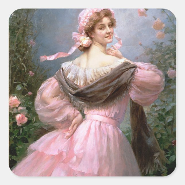 Sticker Carré Femme élégante dans un jardin rose (Devant)