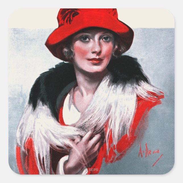 Sticker Carré Femme en Casquette rouge (Devant)