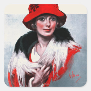 Sticker Carré Femme en Casquette rouge