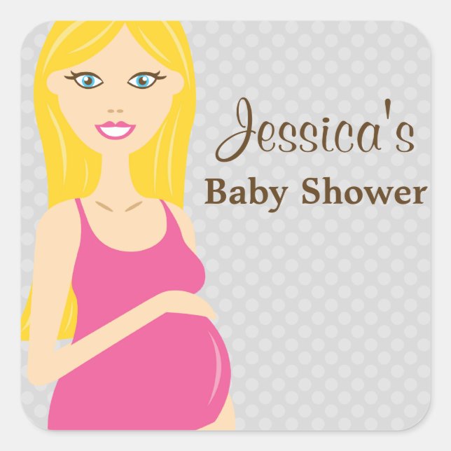 Sticker Carré Femme Enceinte Blonde En Robe Rose Baby shower (Devant)