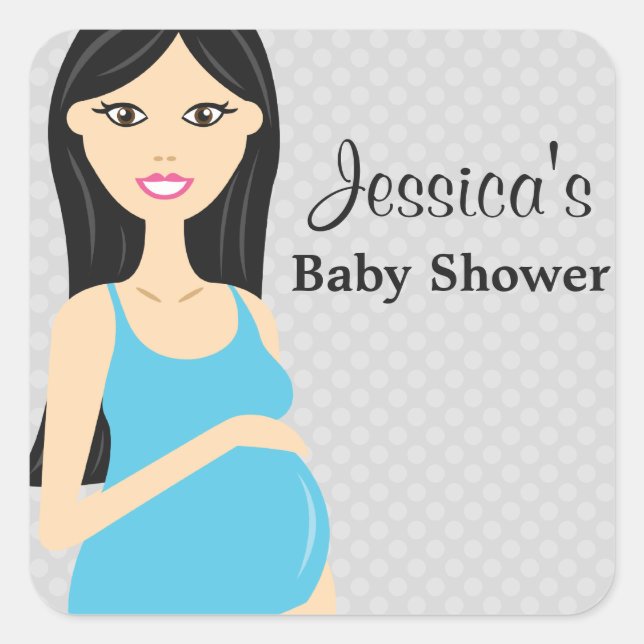 Sticker Carré Femme Enceinte Mignonne En Baby shower Robe Bleue (Devant)