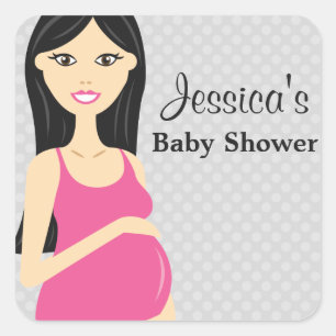 Sticker Carré Femme Enceinte Mignonne En Robe Rose Baby shower
