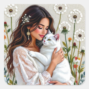 Sticker Carré Femme et chat blanc et pissenlits 