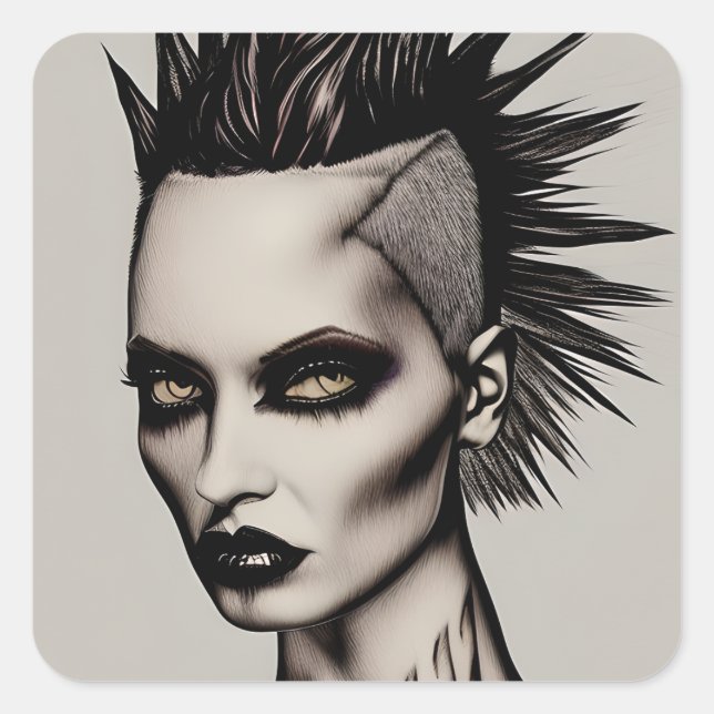 Sticker Carré Femme féroce en Mohawk et Piercings Punk gothique (Devant)