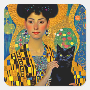 Sticker Carré Femme klimptesque et chat noir