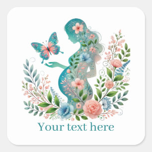 Sticker Carré Femme mignonne enceinte maman ajouter un texte