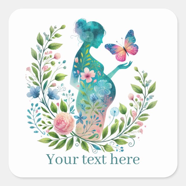 Sticker Carré Femme mignonne enceinte maman ajouter un texte (Devant)