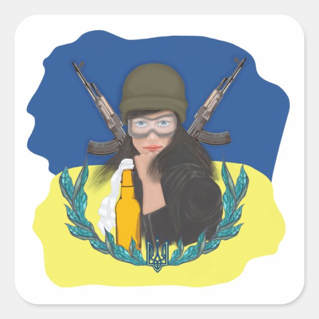 Sticker Carré Femme militaire ukrainienne. Ukraine forte (Devant)