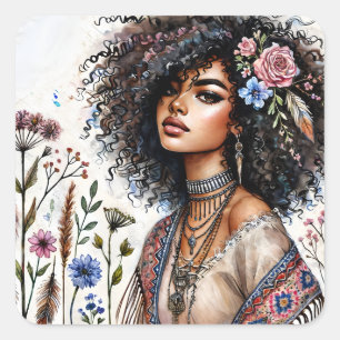 Sticker Carré Femme noire bohème aux cheveux bouclés aquarelle