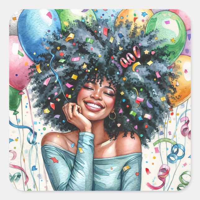 Sticker Carré Femme noire de la fête avec ballons aquarelle (Devant)