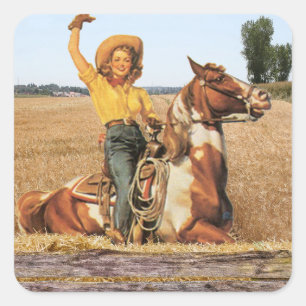 Sticker Carré Femme Occidentale vintage À Cheval Agitant