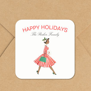 Sticker Carré Femme rétro Vintage de Noël en robe