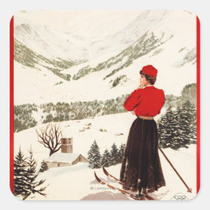 Sticker Carré Femme Skier Vue sur Adelboden Poster