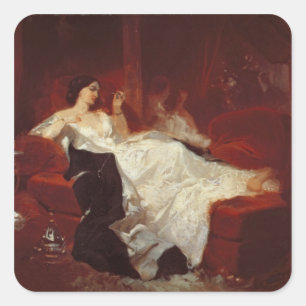 Sticker Carré Femme sur un canapé rouge