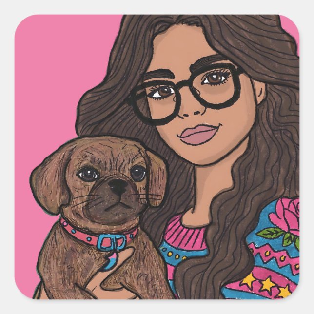 Sticker Carré Femme tirée à la main avec son Chien de Puggle (Devant)