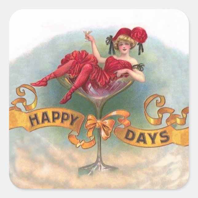 Sticker Carré Femme victorienne Champagne Rouge Happy (Devant)