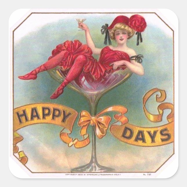 Sticker Carré Femme victorienne Champagne rouge heureuse (Devant)