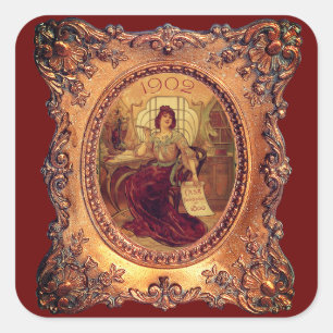 Sticker Carré femme victorienne élégante cadre victorien or roug