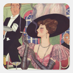Sticker Carré Femme vintage fumant une cigarette en buvant du ch