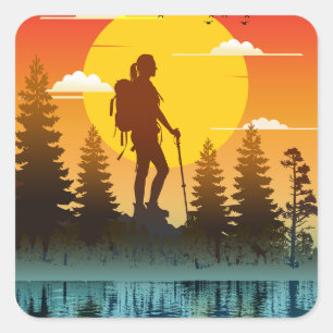 Sticker Carré Femmes de la nature randonnée coucher de soleil