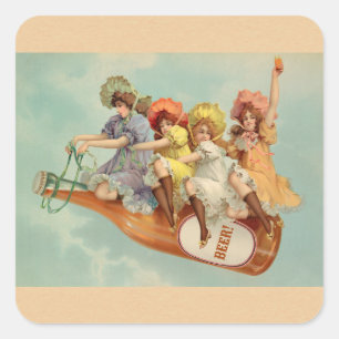 Sticker Carré Femmes victoriennes vintage amusantes buvant de la