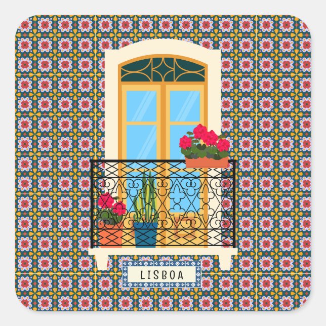 Sticker Carré Fenêtre de la maison de Lisbonne avec plantes et c (Devant)