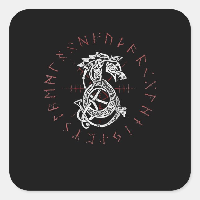 Sticker Carré Fenrir Wolf d'Odin Celtic Norse Runes Distressed (Devant)