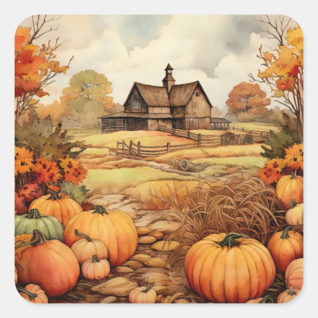 Sticker Carré Ferme citrouille automne récolte Thanksgiving (Devant)