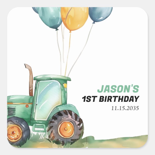 Sticker Carré Ferme Green Tractor Anniversaire (Devant)