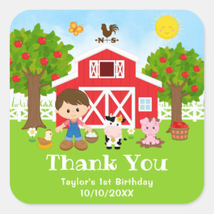 Sticker Carré Ferme Rouge Anniversaire Garçon Cheveux Bruns Merc