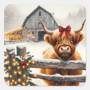 Sticker Carré Ferme vintage et Vache des Highlands