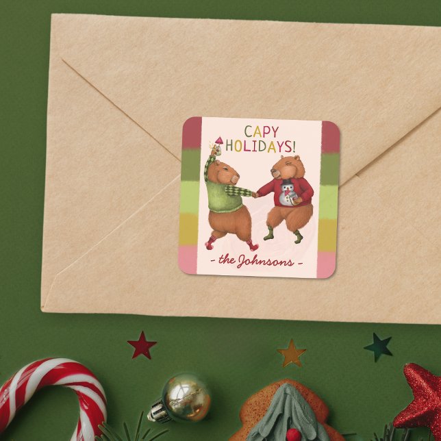 Sticker Carré Festif Capybara jeu de Noël avec nom de famille (Créateur téléchargé)
