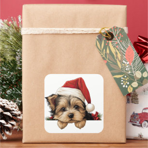 Sticker Carré Festif Noël Yorkshire Terrier