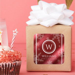 Sticker Carré Festif Red Foil Snowflakes Nom du monogramme