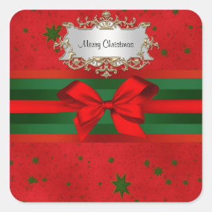 Sticker Carré Festif Red Green Stars Bow Ribbon Noël