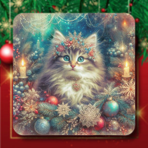 Sticker Carré Festif Vintage Christmas Kitty