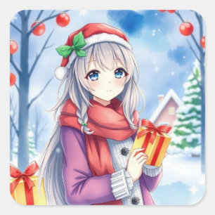 Sticker Carré Festive Anime Girl Christmas
